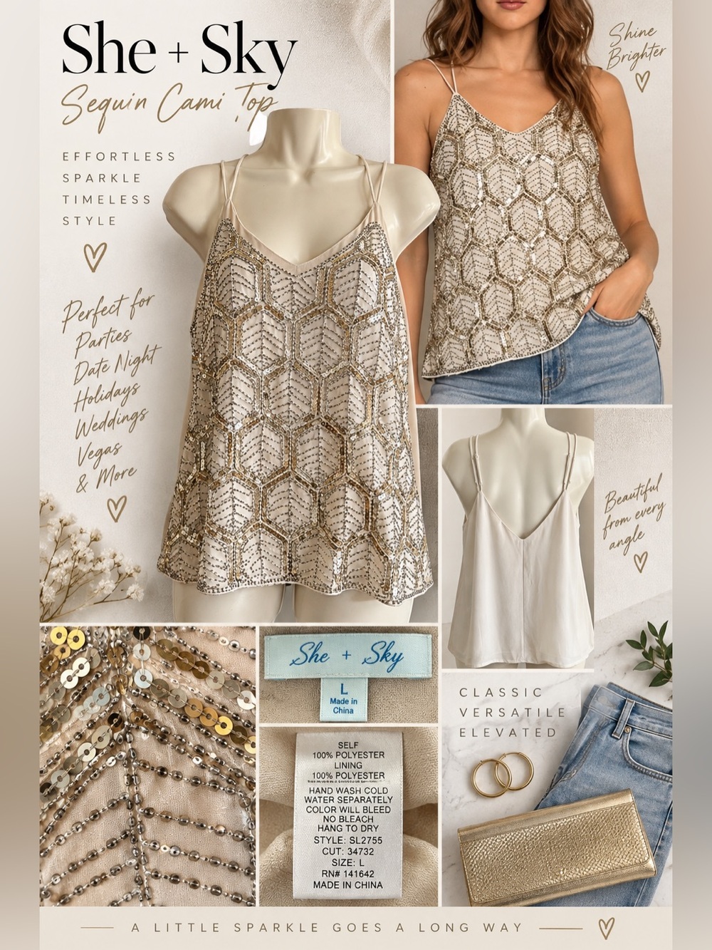 She + Sky Sequin Beaded Cami Top Size L Ivory Gold Silver Party Holiday